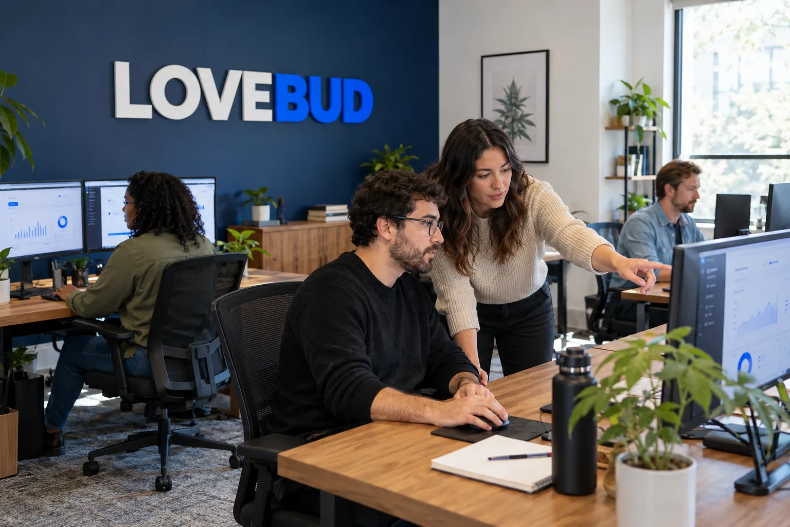Illustrative LoveBud office scene showing professionals collaborating at computers